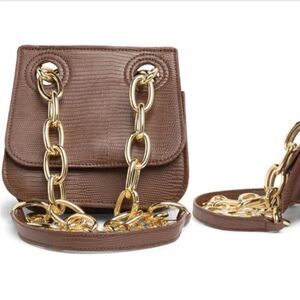 House of Want Brown Lizard Embossed Vegan Shoulder Bag w/ Gold Chain NEW